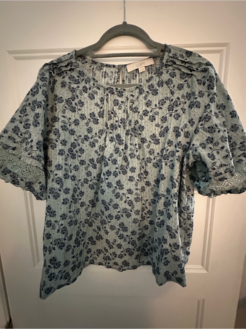 LOFT Light Blue Floral Pintuck Blouse with Lace Trim